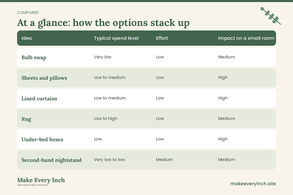 Comparison table of options for: Small Bedroom Ideas Budget Edition (Idea, Typical spend level, Effort, Impact on a small room)