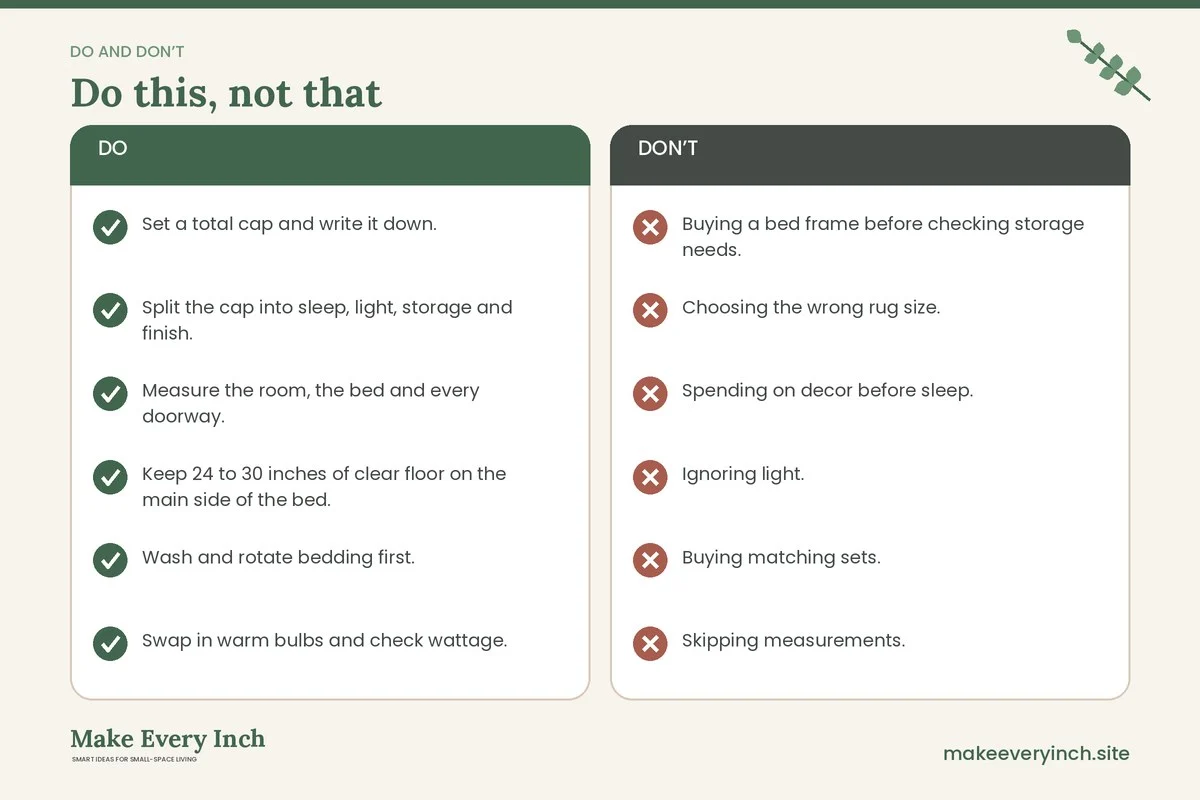 Do and don't checklist for: Small Bedroom Ideas Budget Edition