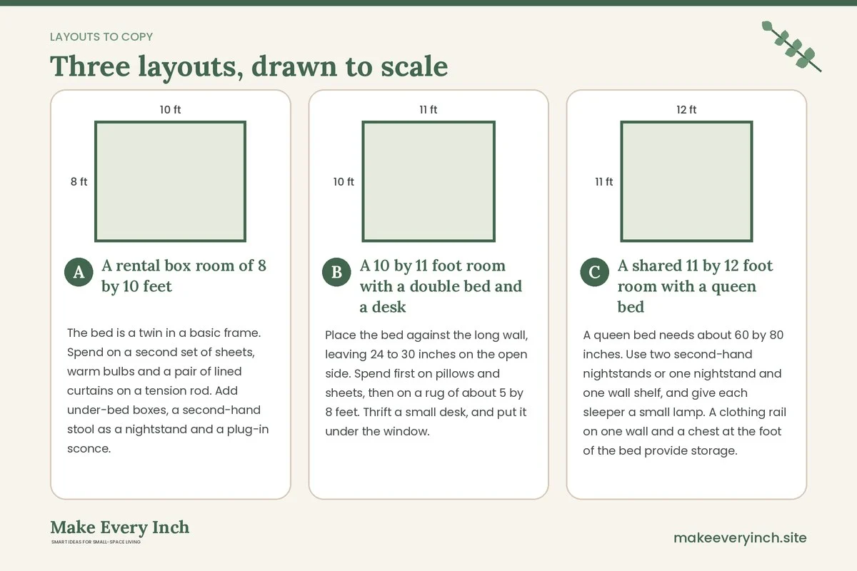 Three room layouts drawn to scale with dimensions and placement notes for: Small Bedroom Ideas Budget Edition