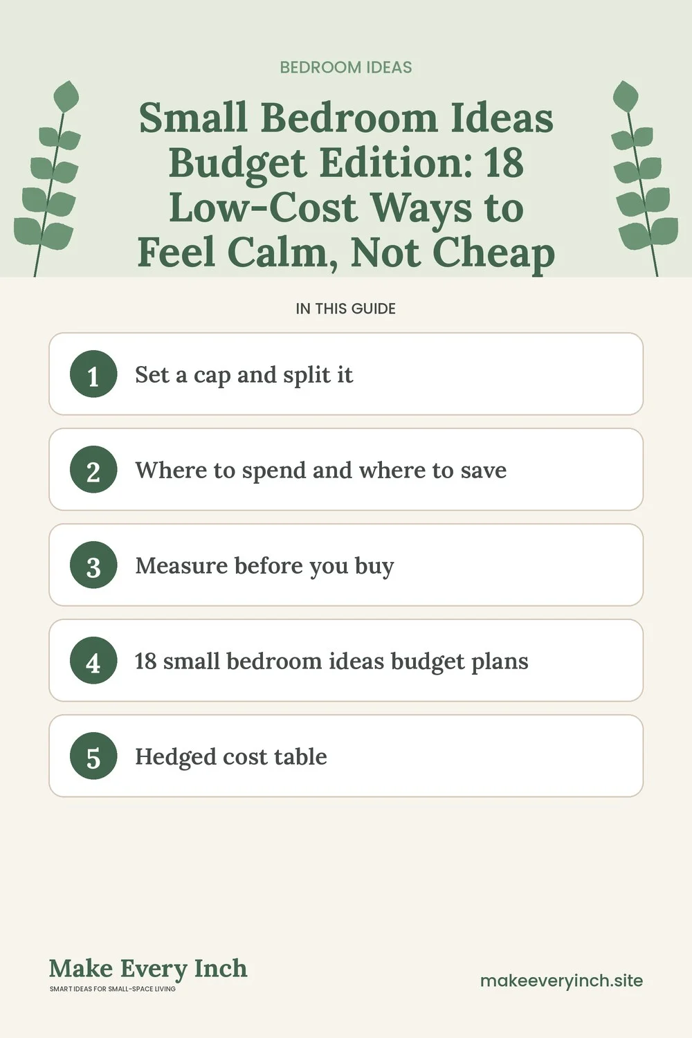 Pinterest pin listing the main topics in: Small Bedroom Ideas Budget Edition