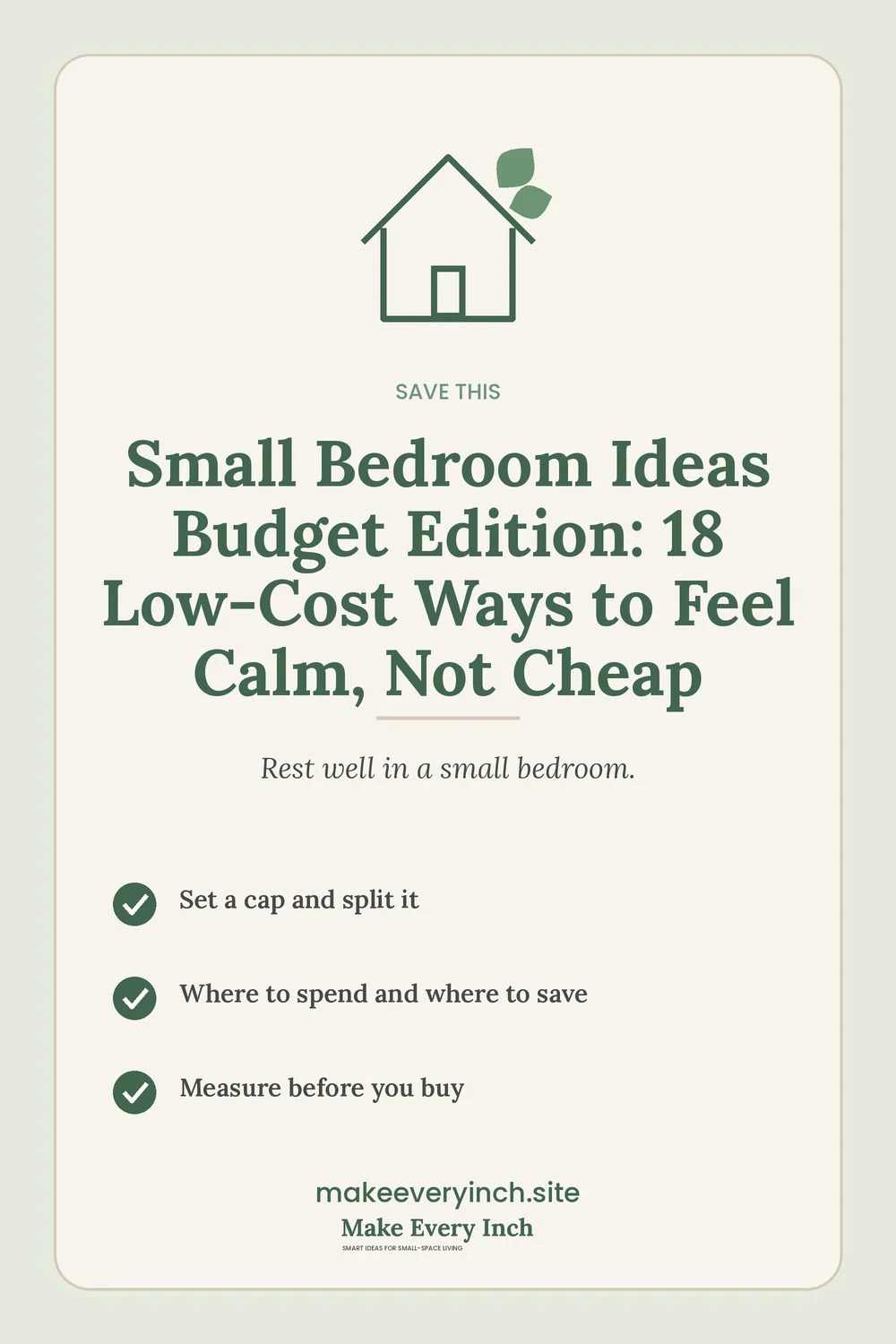Save-this Pinterest pin with a short checklist for: Small Bedroom Ideas Budget Edition