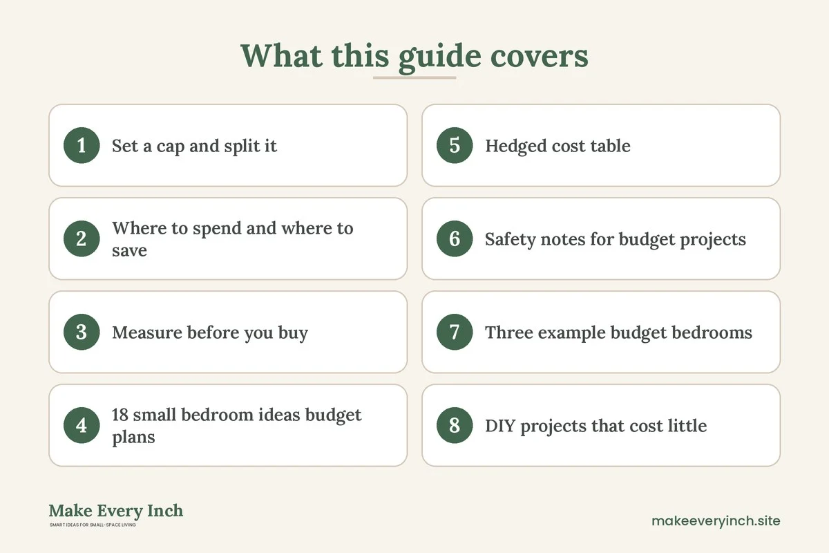 Graphic listing 8 topics covered in: Small Bedroom Ideas Budget Edition