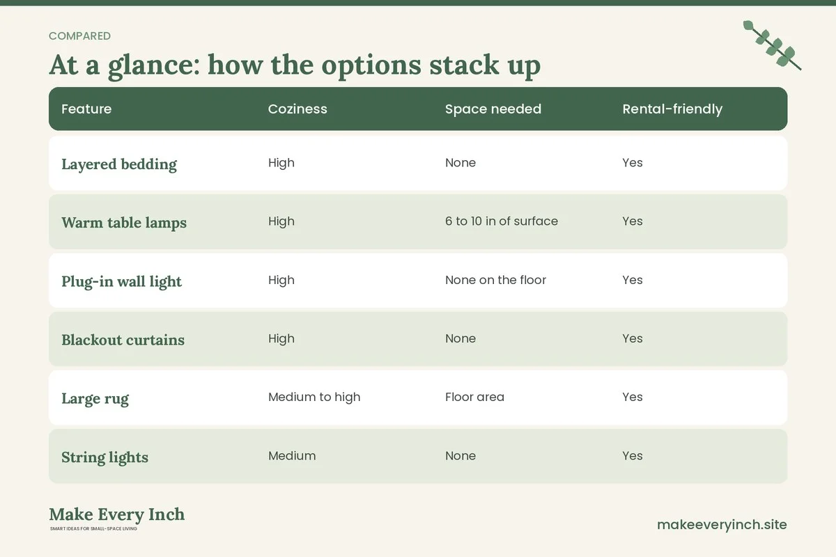 Comparison table of options for: 16 Small Bedroom Ideas Cozy Enough to Sleep In Every Night (Feature, Coziness, Space needed, Rental-friendly)