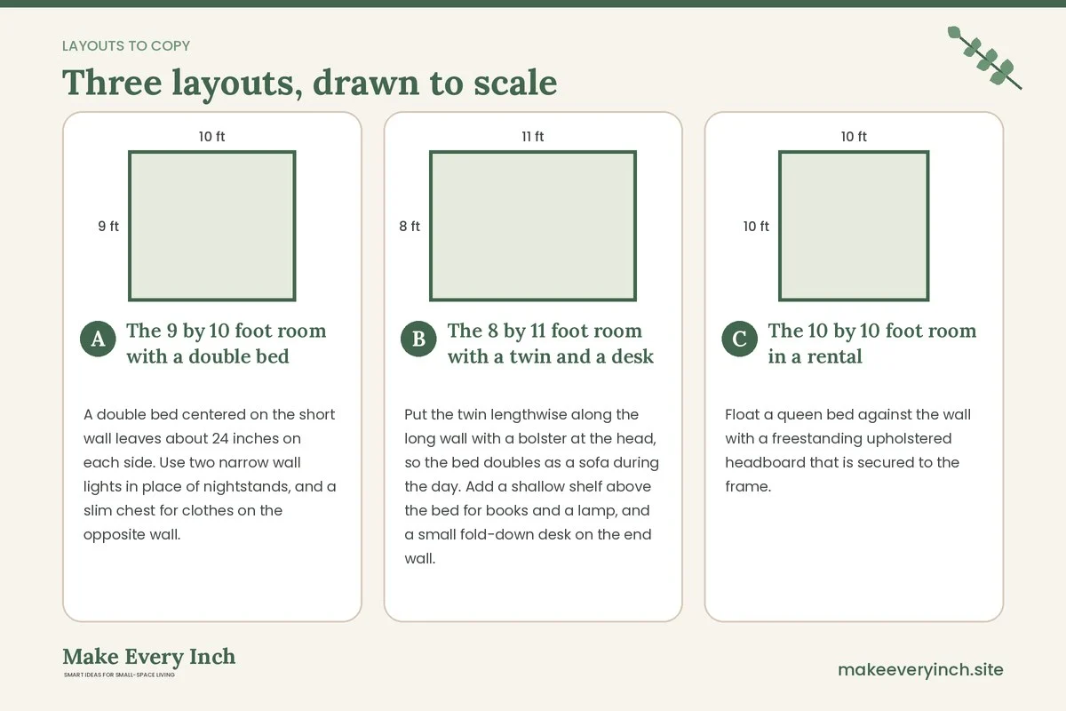 Three room layouts drawn to scale with dimensions and placement notes for: 16 Small Bedroom Ideas Cozy Enough to Sleep In Every Night