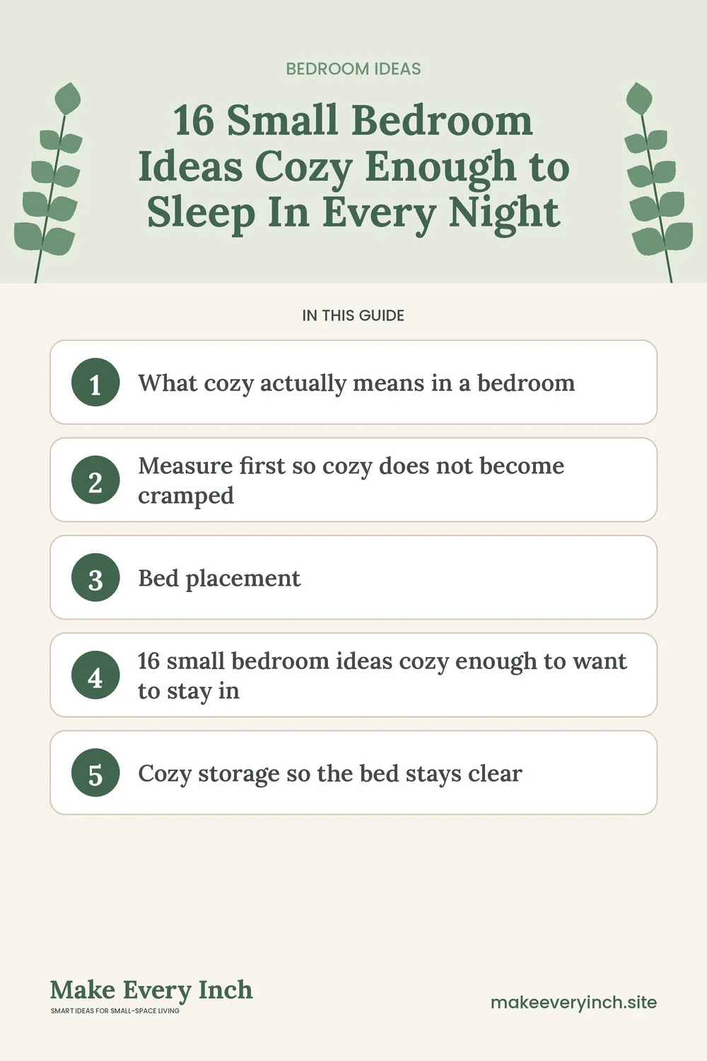 Pinterest pin listing the main topics in: 16 Small Bedroom Ideas Cozy Enough to Sleep In Every Night