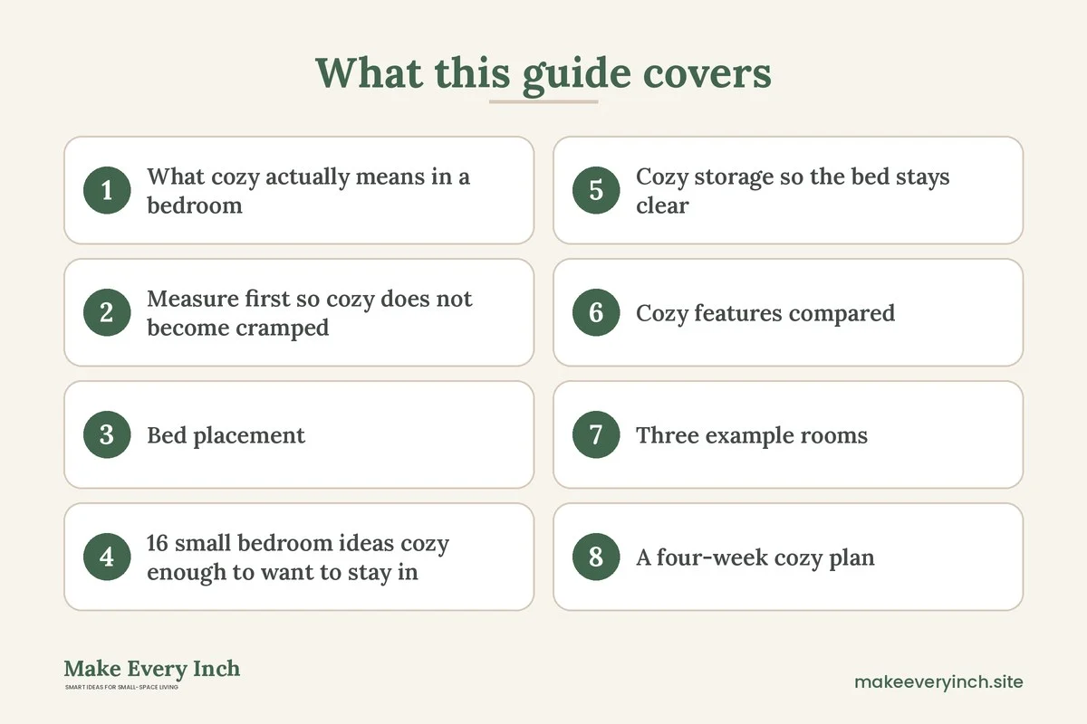 Graphic listing 8 topics covered in: 16 Small Bedroom Ideas Cozy Enough to Sleep In Every Night