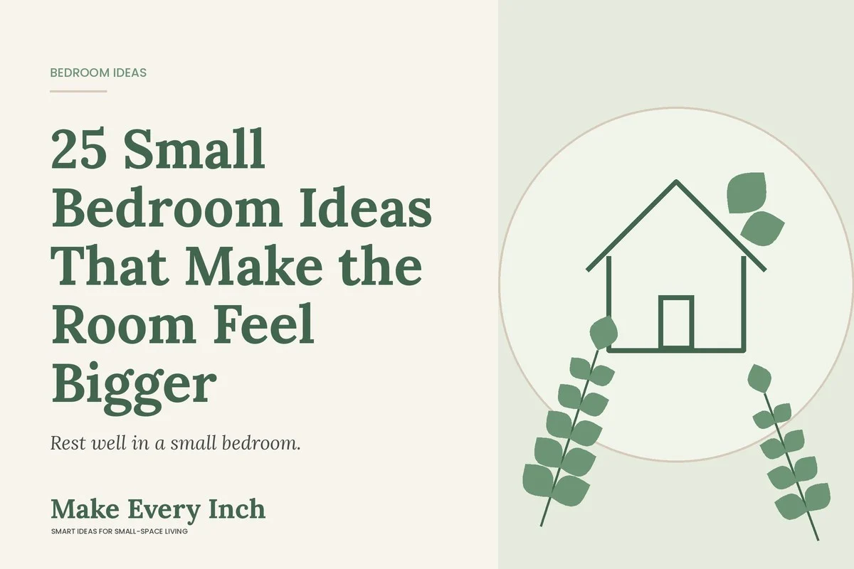 25 Small Bedroom Ideas That Make the Room Feel Bigger, Make Every Inch cover with a house and leaf illustration