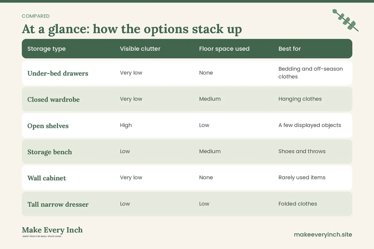 Comparison table of options for: Small Bedroom Ideas for Adults (Storage type, Visible clutter, Floor space used, Best for)