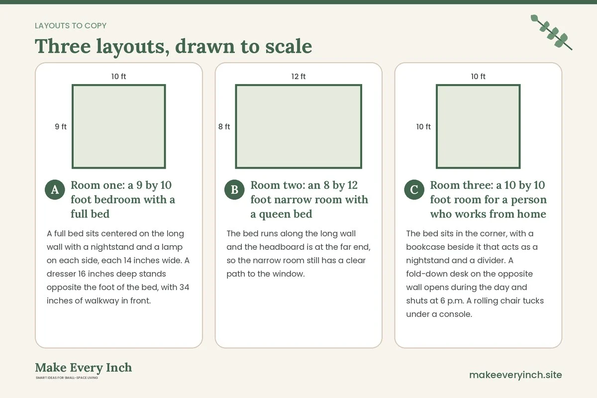 Three room layouts drawn to scale with dimensions and placement notes for: Small Bedroom Ideas for Adults