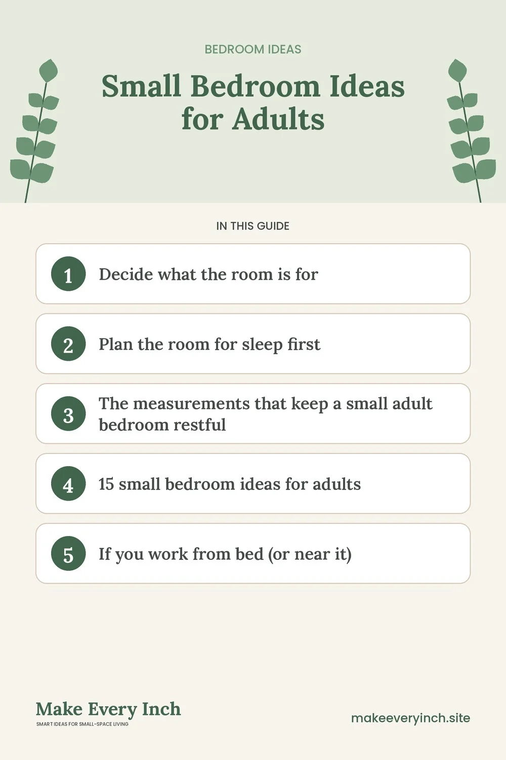 Pinterest pin listing the main topics in: Small Bedroom Ideas for Adults