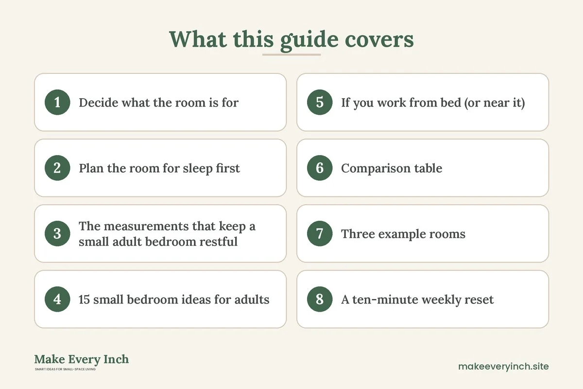 Graphic listing 8 topics covered in: Small Bedroom Ideas for Adults