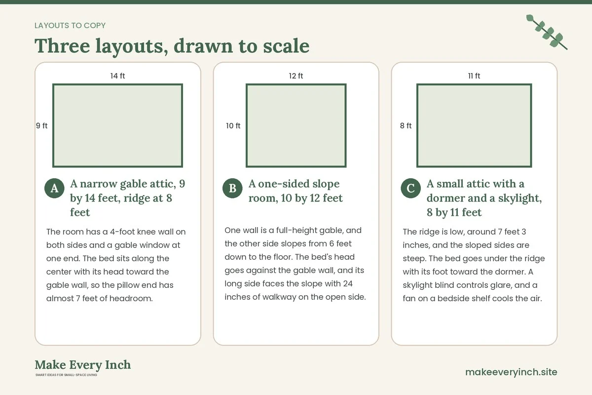 Three room layouts drawn to scale with dimensions and placement notes for: Small Bedroom Ideas for Attic Rooms