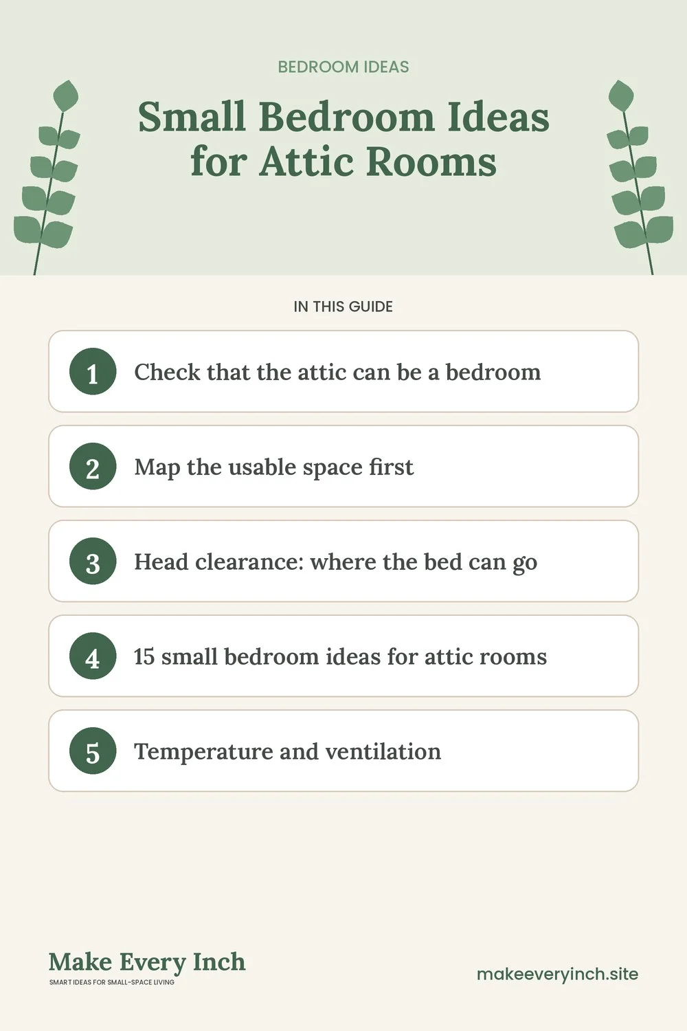 Pinterest pin listing the main topics in: Small Bedroom Ideas for Attic Rooms