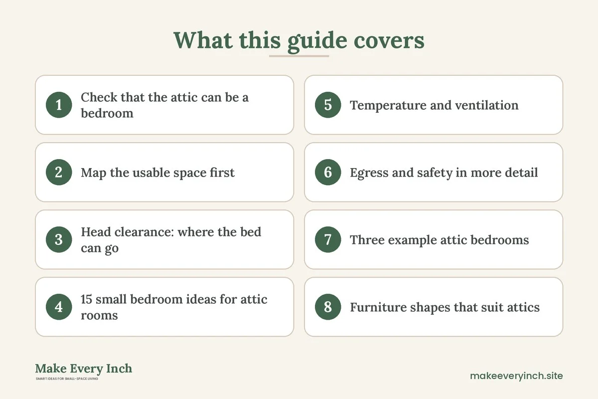 Graphic listing 8 topics covered in: Small Bedroom Ideas for Attic Rooms