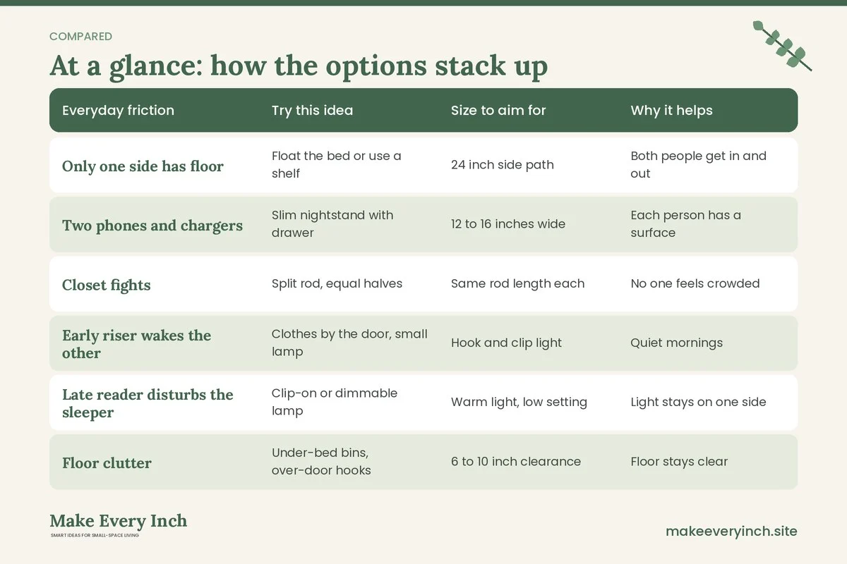 Comparison table of options for: 15 Small Bedroom Ideas for Couples Who Share One Bed and One Room (Everyday friction, Try this idea, Size to aim for, Why it helps)
