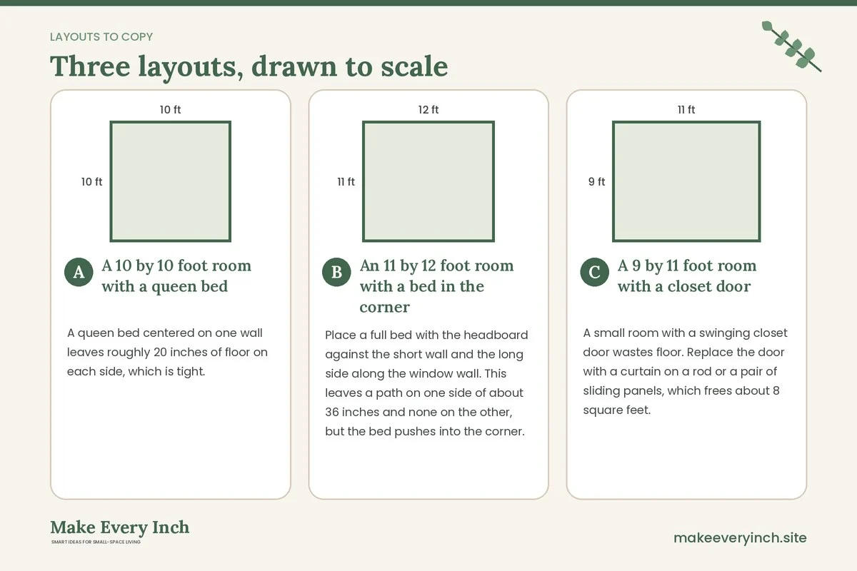 Three room layouts drawn to scale with dimensions and placement notes for: 15 Small Bedroom Ideas for Couples Who Share One Bed and One Room