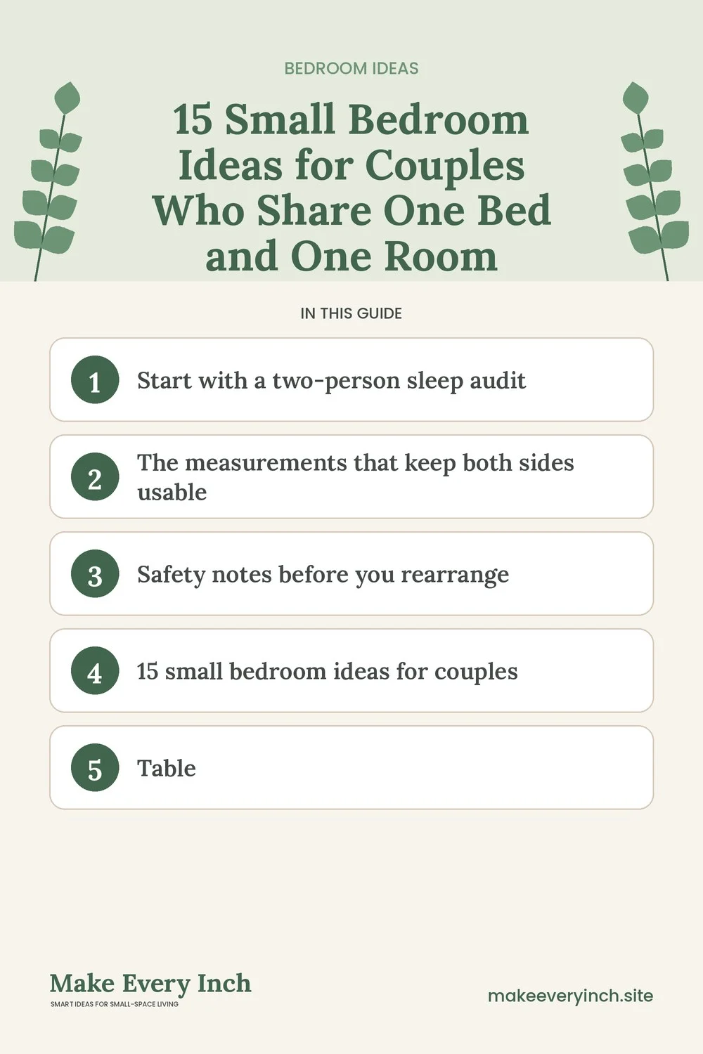 Pinterest pin listing the main topics in: 15 Small Bedroom Ideas for Couples Who Share One Bed and One Room