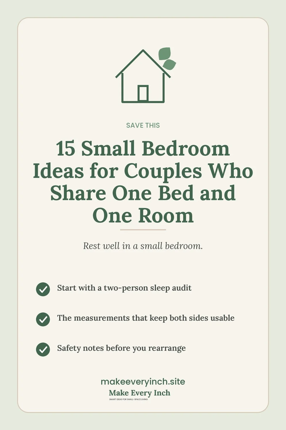 Save-this Pinterest pin with a short checklist for: 15 Small Bedroom Ideas for Couples Who Share One Bed and One Room
