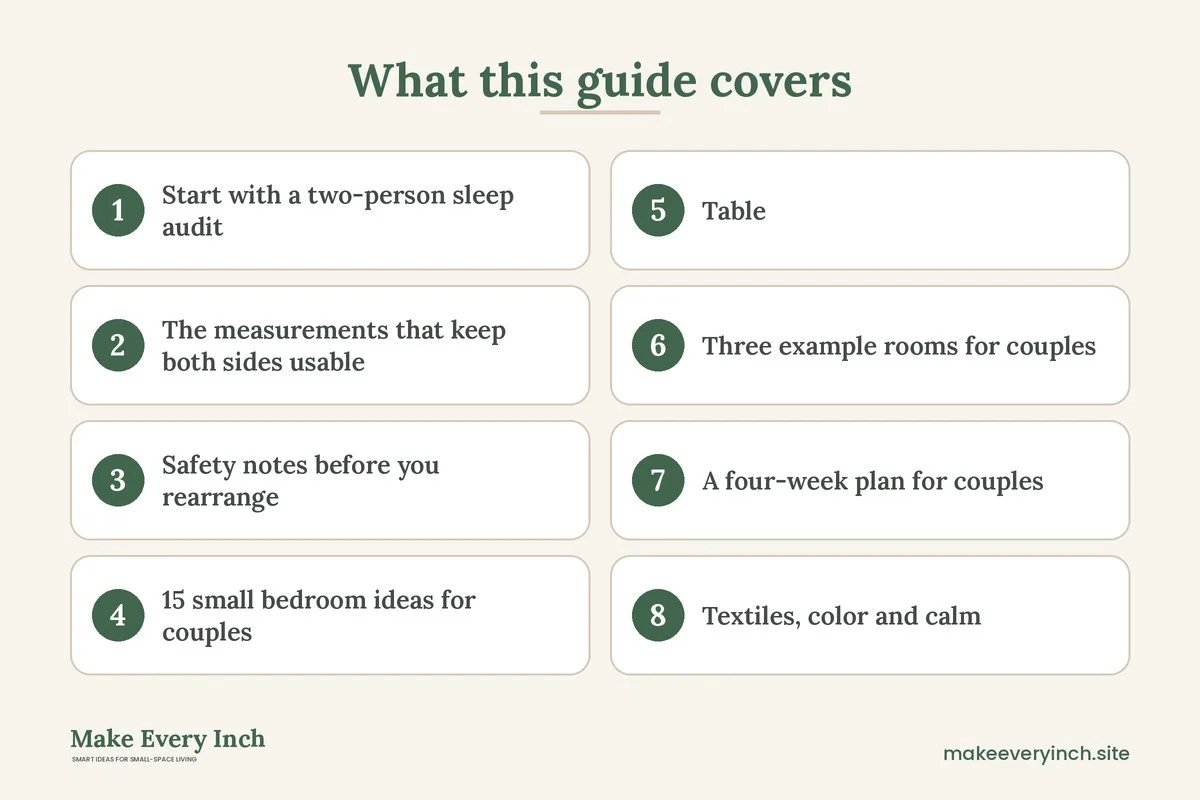 Graphic listing 8 topics covered in: 15 Small Bedroom Ideas for Couples Who Share One Bed and One Room