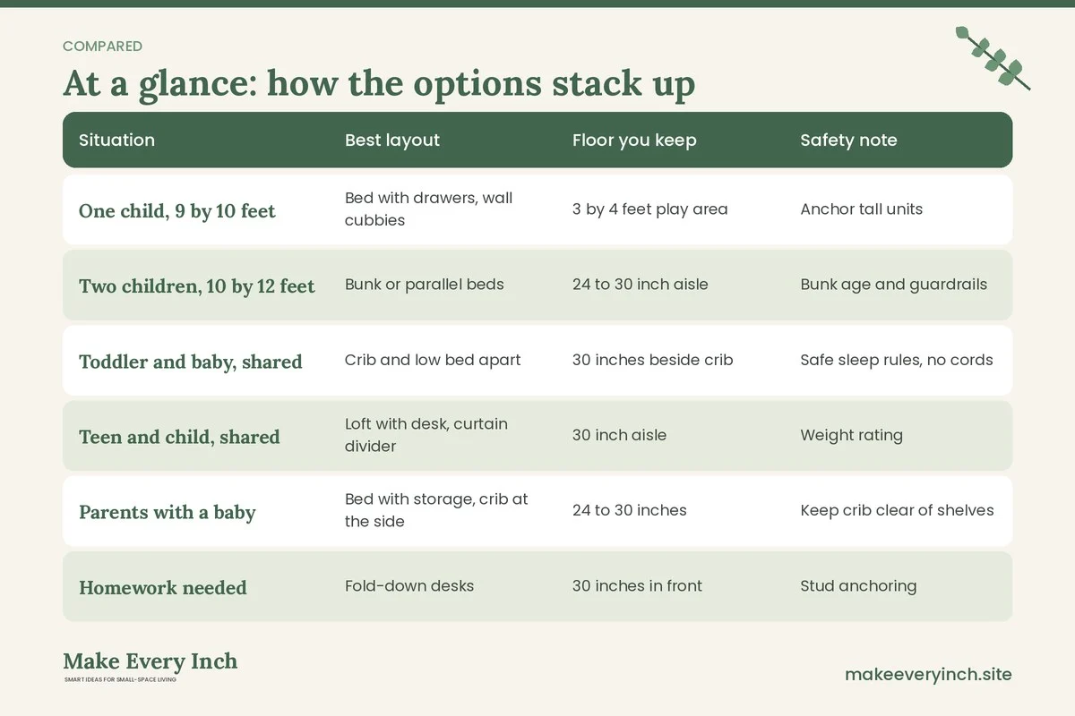 Comparison table of options for: 15 Small Bedroom Ideas for Families (Situation, Best layout, Floor you keep, Safety note)