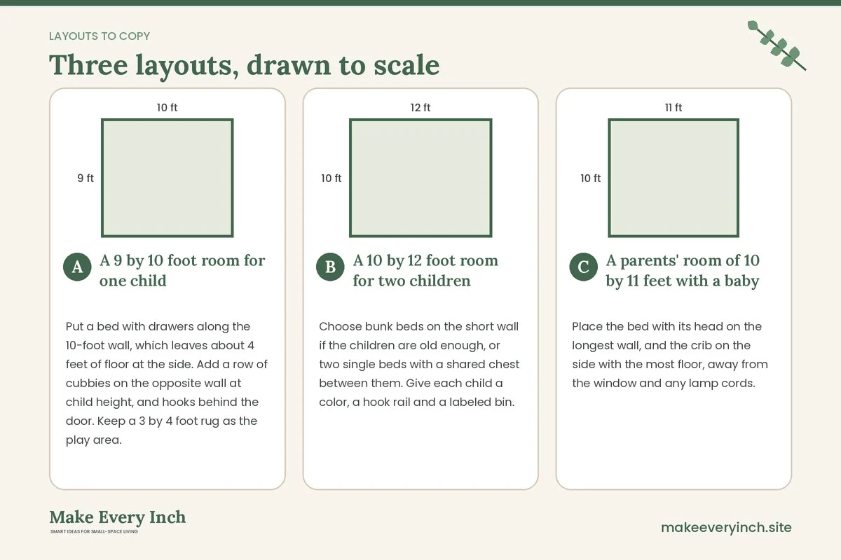 Three room layouts drawn to scale with dimensions and placement notes for: 15 Small Bedroom Ideas for Families