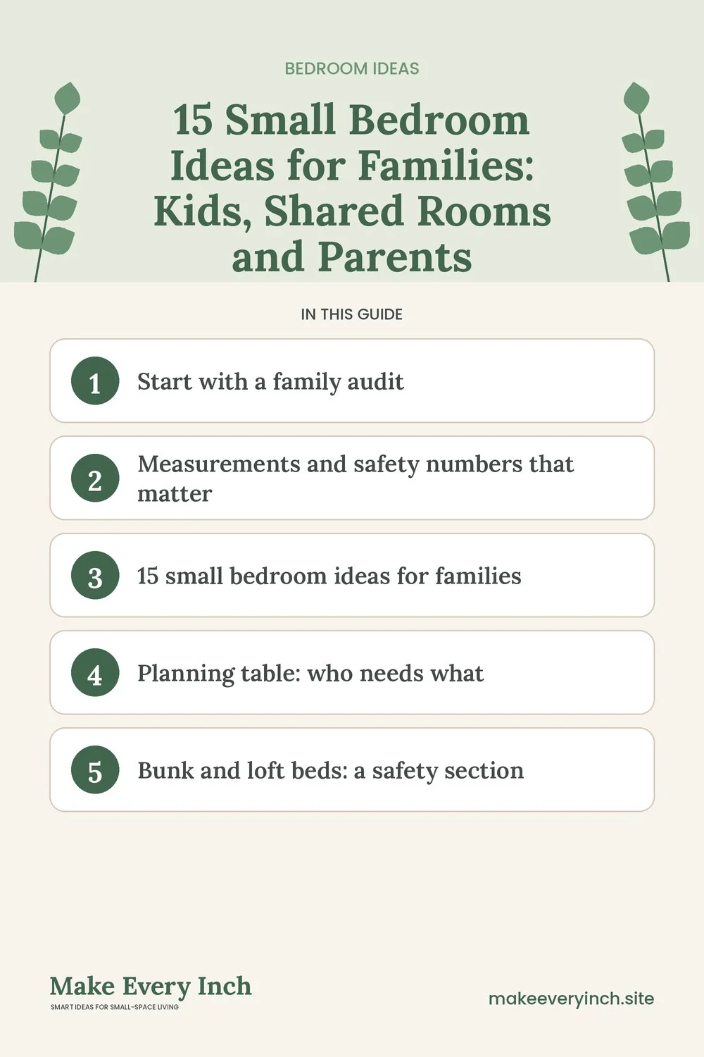 Pinterest pin listing the main topics in: 15 Small Bedroom Ideas for Families