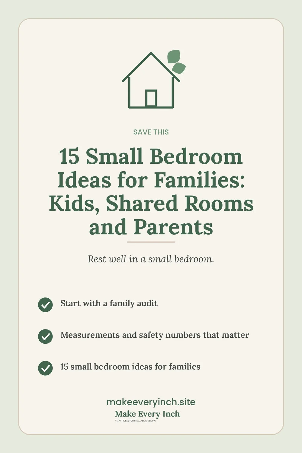 Save-this Pinterest pin with a short checklist for: 15 Small Bedroom Ideas for Families