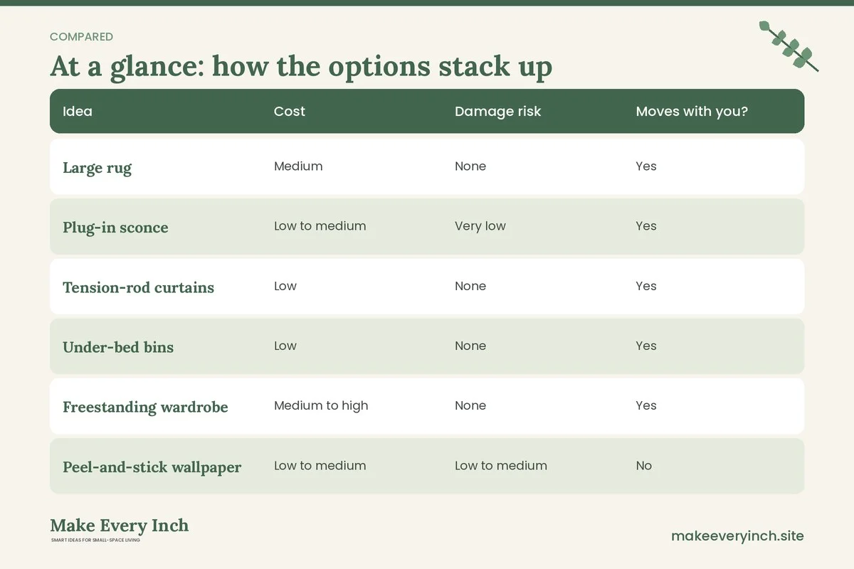 Comparison table of options for: 15 Small Bedroom Ideas for Renters That Won't Cost You Your Deposit (Idea, Cost, Damage risk, Moves with you?)