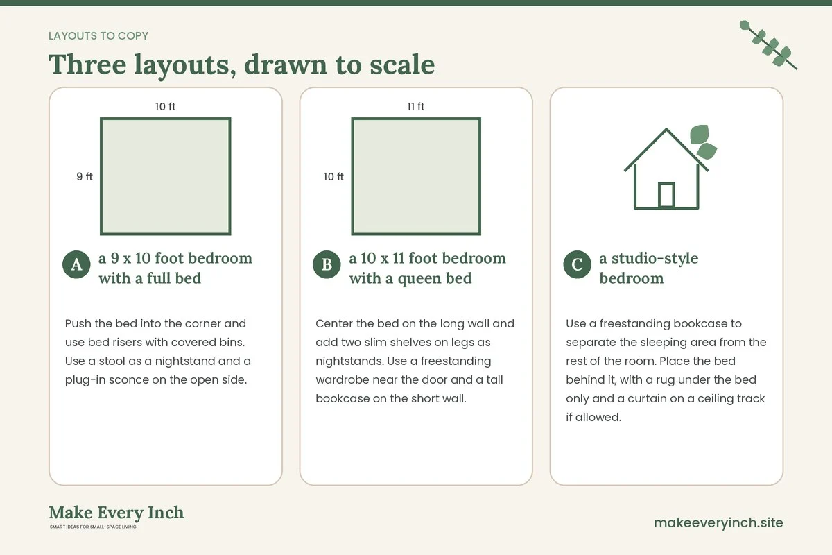 Three room layouts drawn to scale with dimensions and placement notes for: 15 Small Bedroom Ideas for Renters That Won't Cost You Your Deposit
