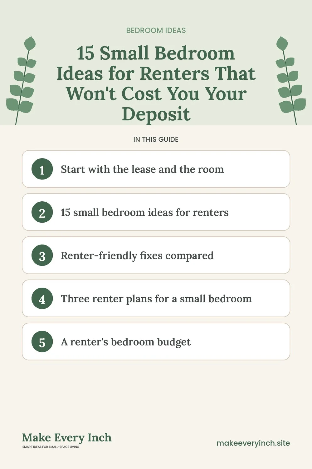 Pinterest pin listing the main topics in: 15 Small Bedroom Ideas for Renters That Won't Cost You Your Deposit