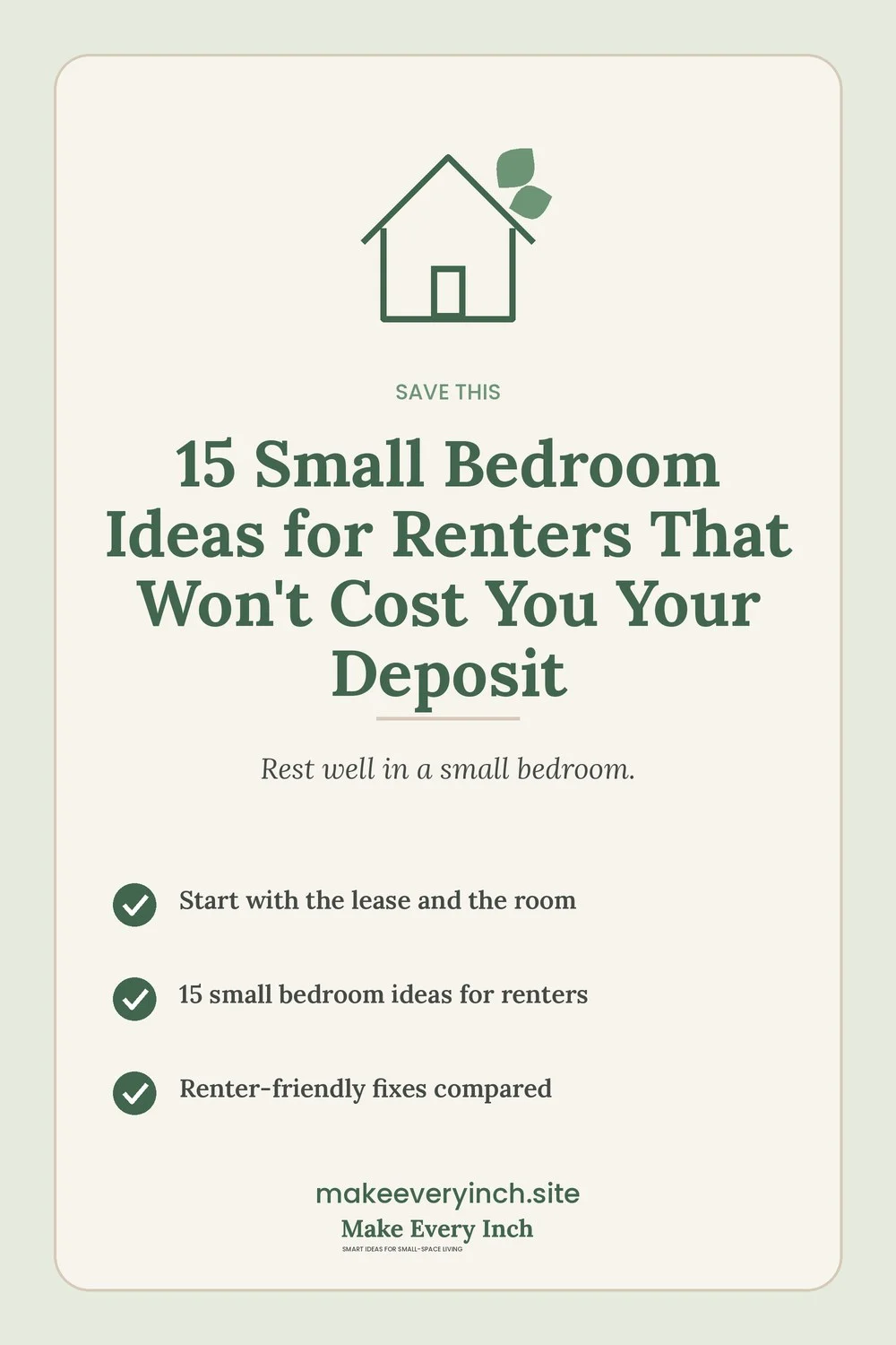 Save-this Pinterest pin with a short checklist for: 15 Small Bedroom Ideas for Renters That Won't Cost You Your Deposit