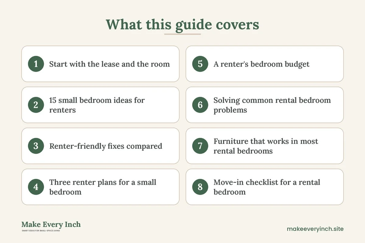 Graphic listing 8 topics covered in: 15 Small Bedroom Ideas for Renters That Won't Cost You Your Deposit
