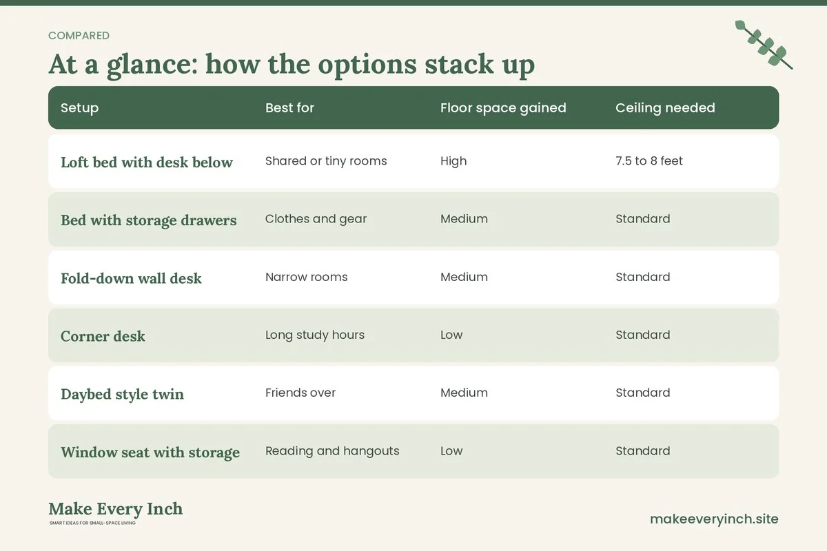 Comparison table of options for: Small Bedroom Ideas for Teens (Setup, Best for, Floor space gained, Ceiling needed)