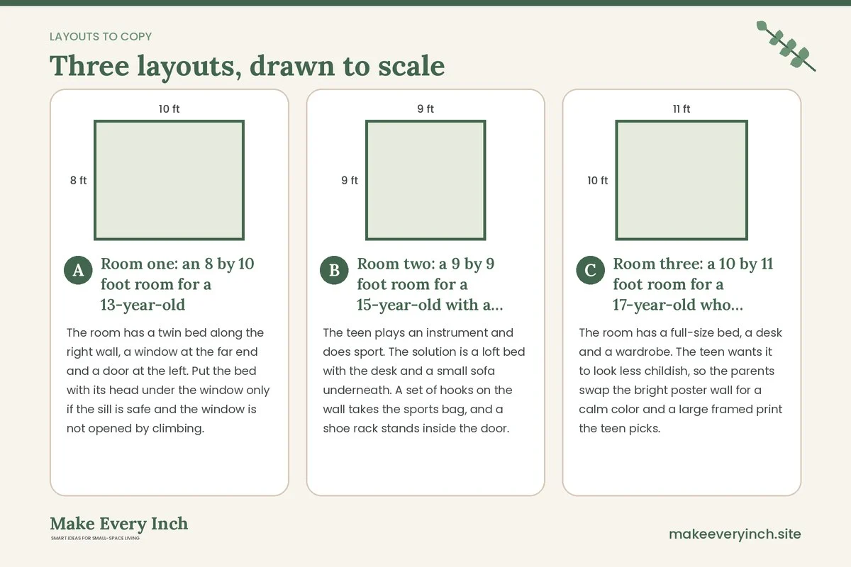 Three room layouts drawn to scale with dimensions and placement notes for: Small Bedroom Ideas for Teens