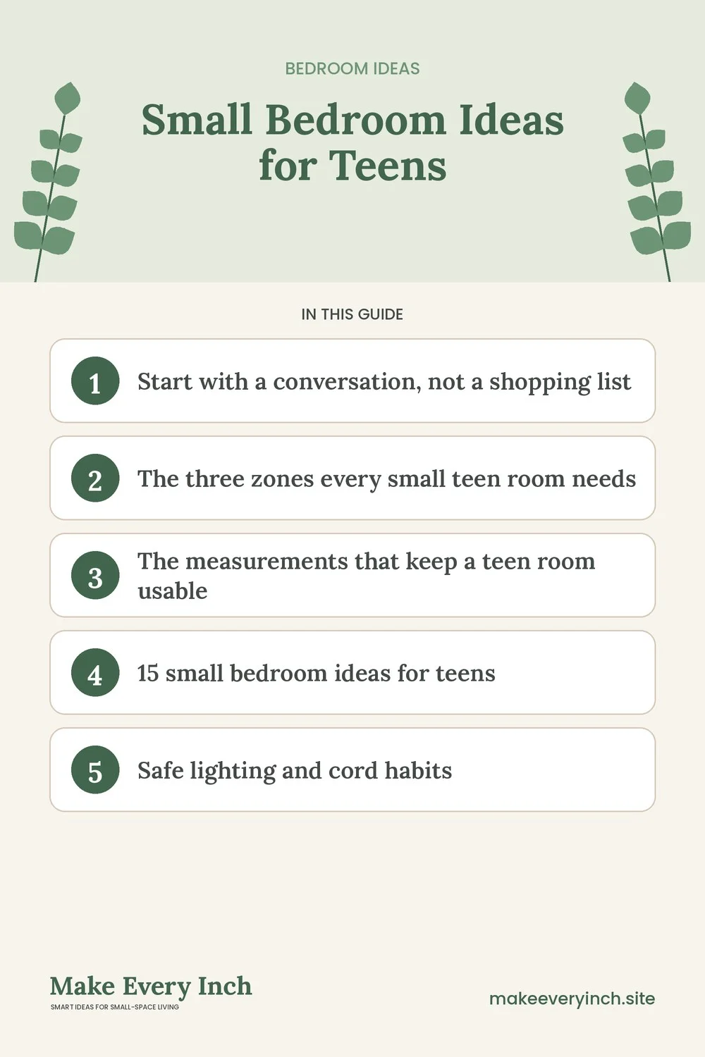 Pinterest pin listing the main topics in: Small Bedroom Ideas for Teens