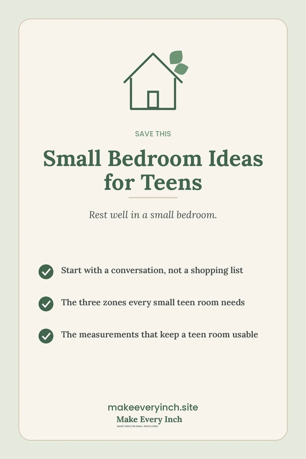 Save-this Pinterest pin with a short checklist for: Small Bedroom Ideas for Teens