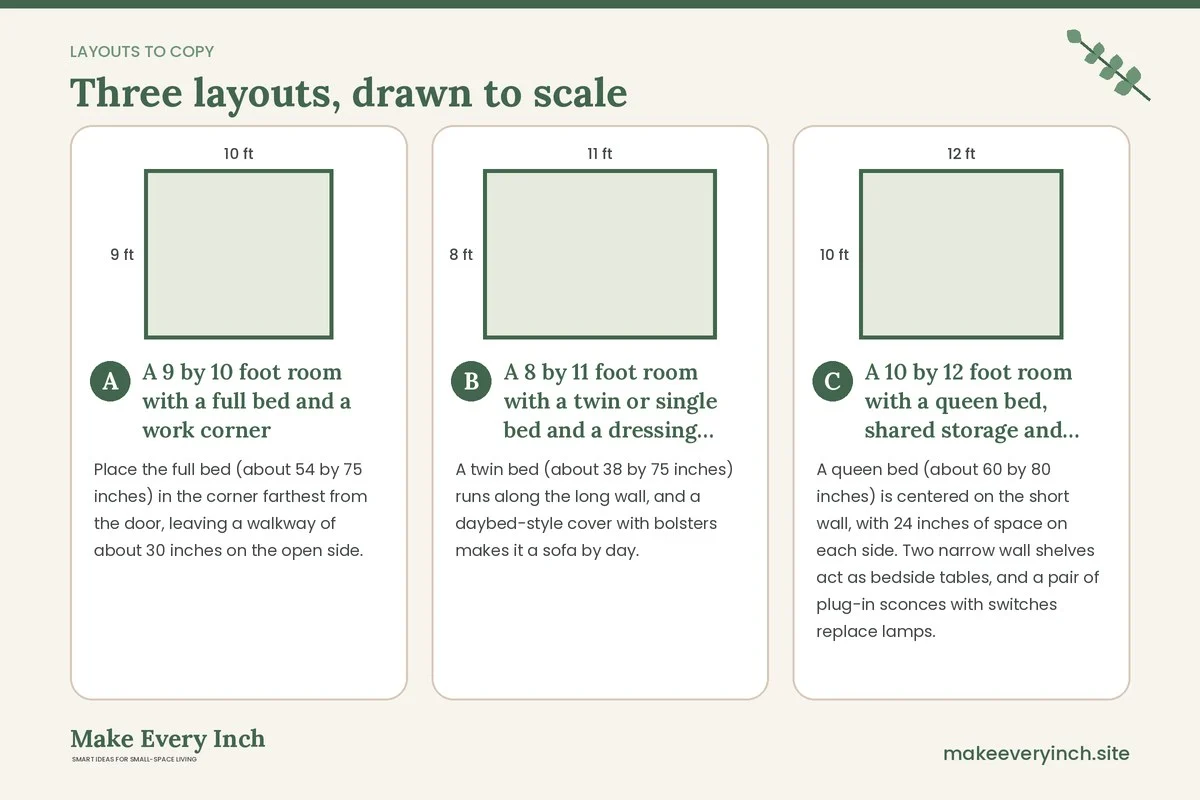 Three room layouts drawn to scale with dimensions and placement notes for: 15 Small Bedroom Ideas for Women That Work Around Real Daily Routines
