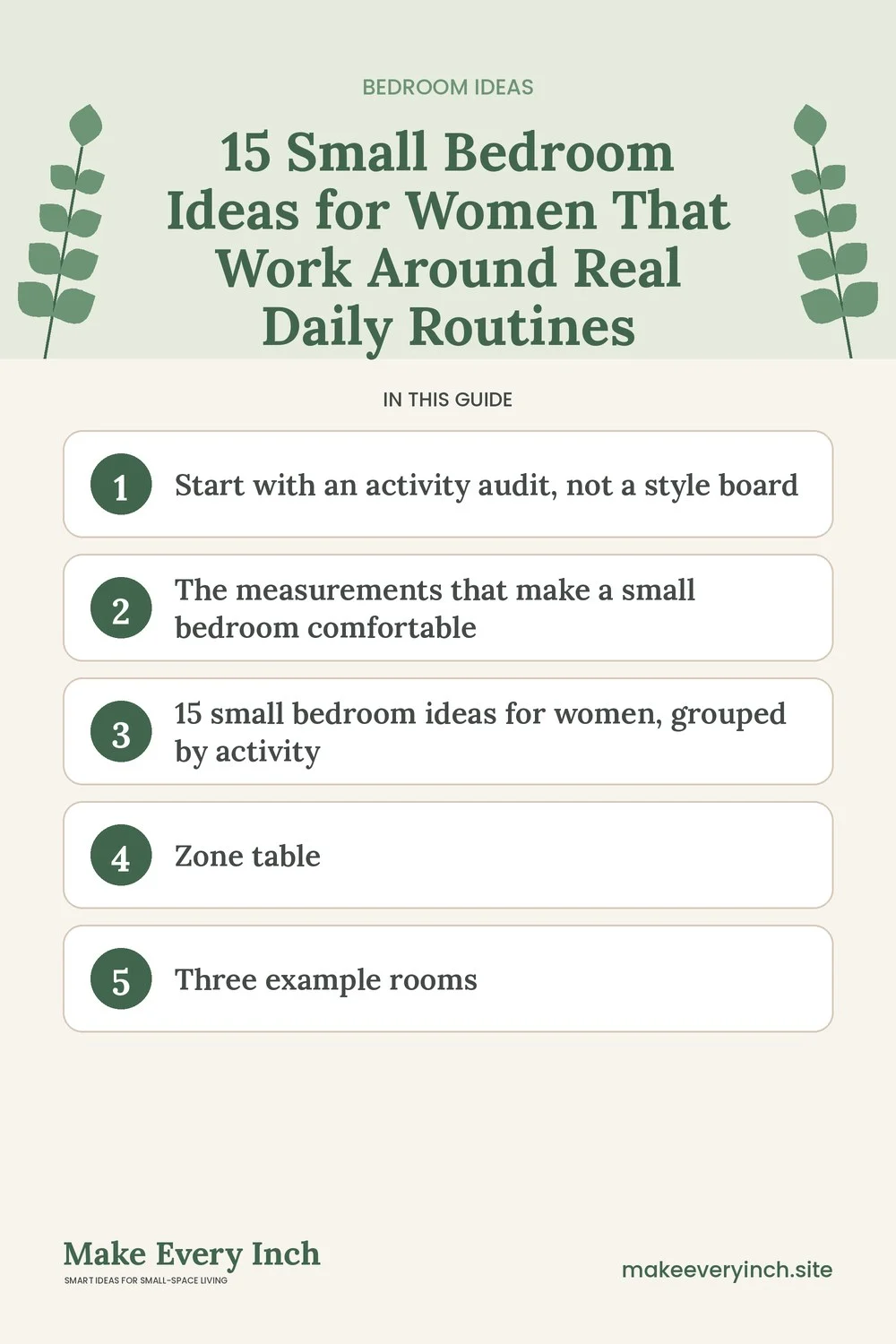 Pinterest pin listing the main topics in: 15 Small Bedroom Ideas for Women That Work Around Real Daily Routines