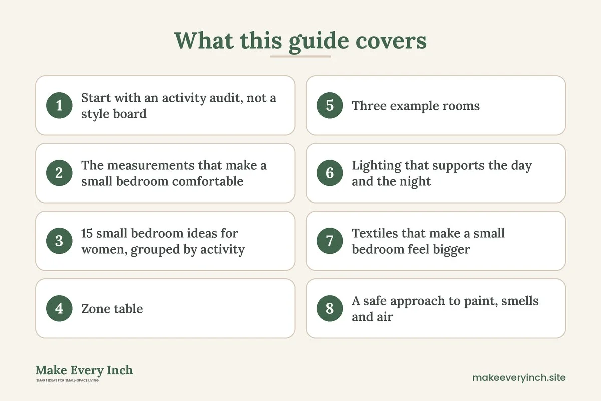Graphic listing 8 topics covered in: 15 Small Bedroom Ideas for Women That Work Around Real Daily Routines