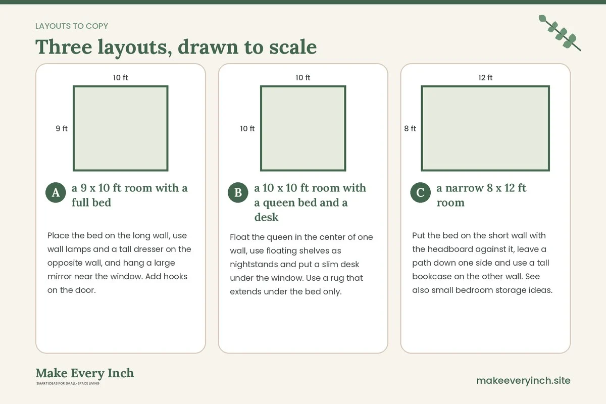Three room layouts drawn to scale with dimensions and placement notes for: 25 Small Bedroom Ideas That Make the Room Feel Bigger