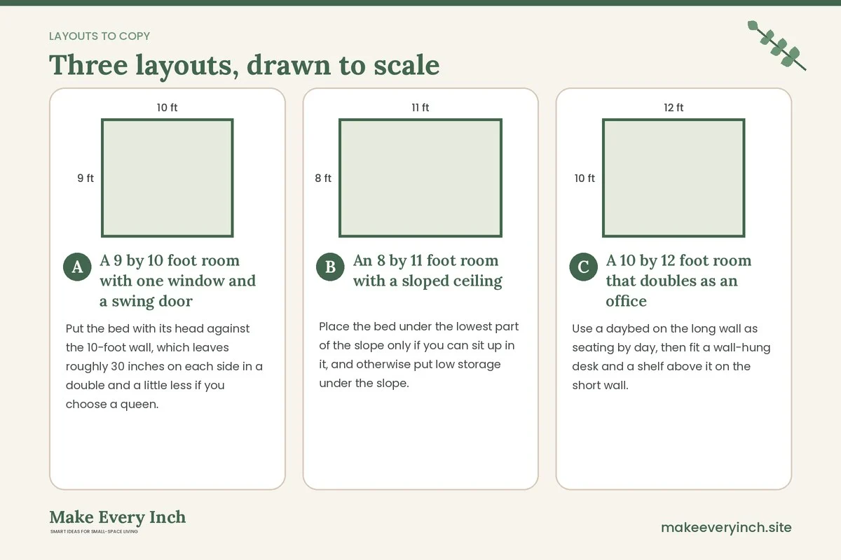 Three room layouts drawn to scale with dimensions and placement notes for: 16 Small Bedroom Ideas IKEA-Style Flat-Pack Plans That Fit