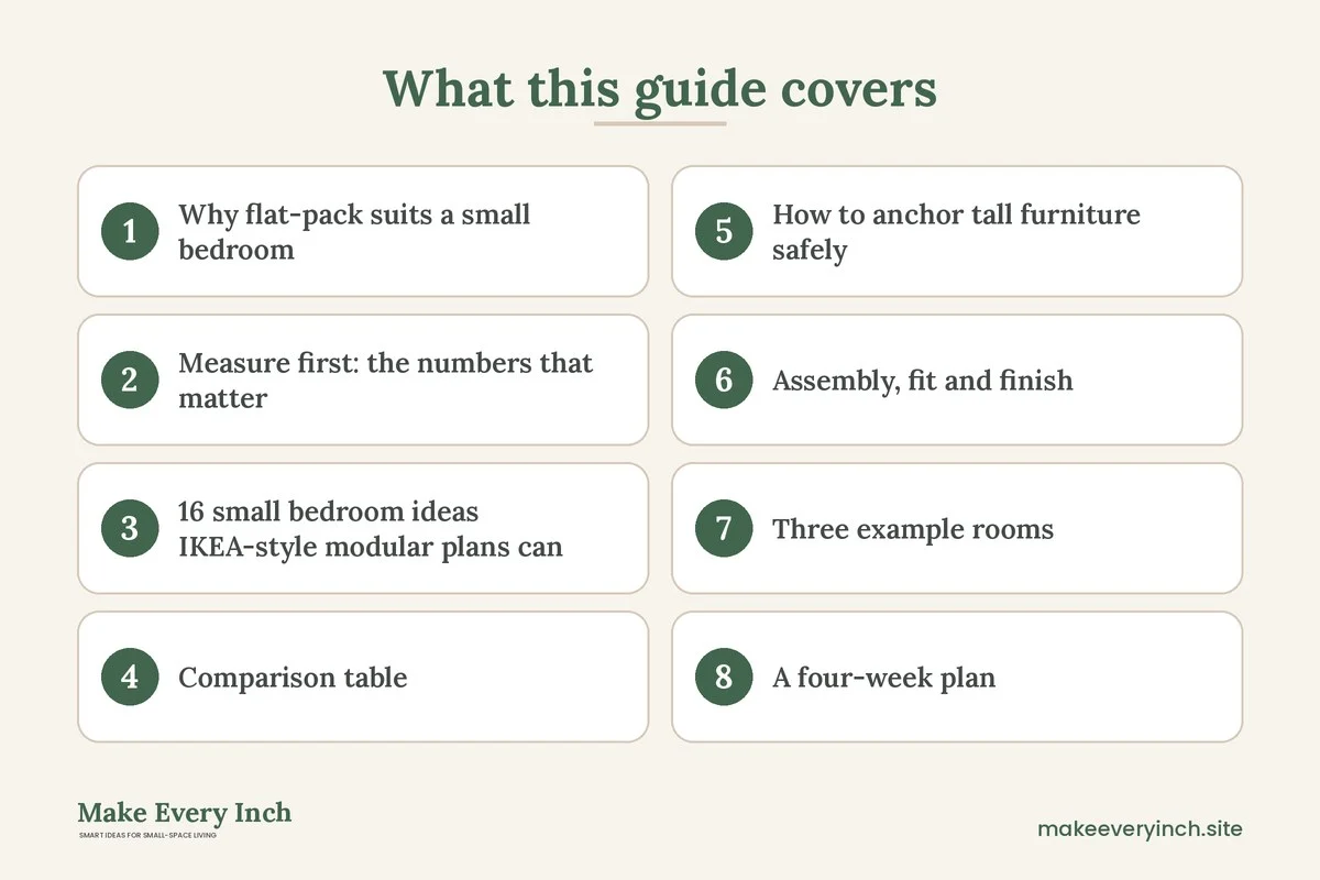 Graphic listing 8 topics covered in: 16 Small Bedroom Ideas IKEA-Style Flat-Pack Plans That Fit