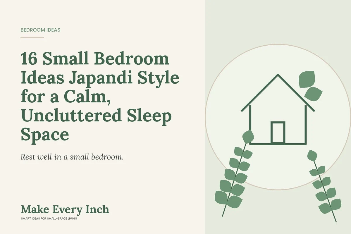 16 Small Bedroom Ideas Japandi Style for a Calm, Uncluttered Sleep Space, Make Every Inch cover with a house and leaf illustration