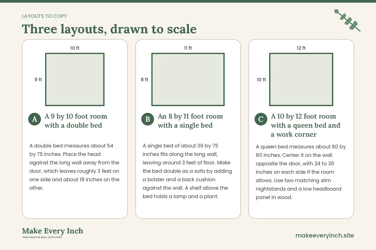 Three room layouts drawn to scale with dimensions and placement notes for: 16 Small Bedroom Ideas Japandi Style for a Calm, Uncluttered Sleep Space
