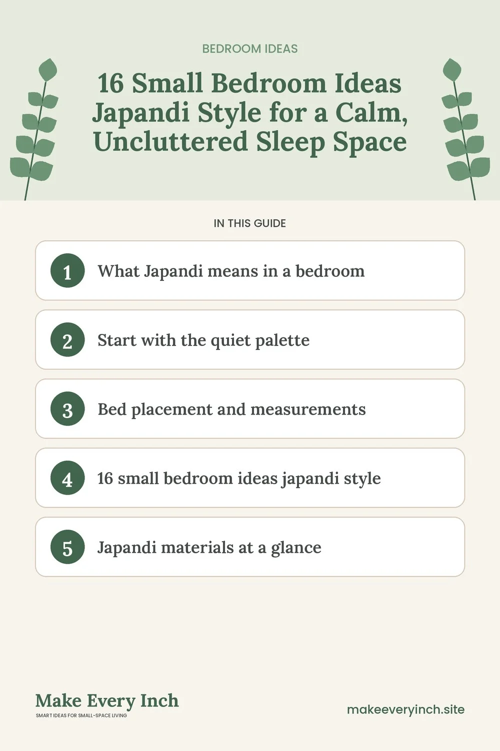 Pinterest pin listing the main topics in: 16 Small Bedroom Ideas Japandi Style for a Calm, Uncluttered Sleep Space