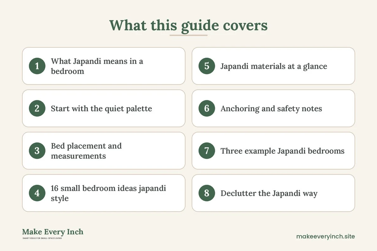 Graphic listing 8 topics covered in: 16 Small Bedroom Ideas Japandi Style for a Calm, Uncluttered Sleep Space