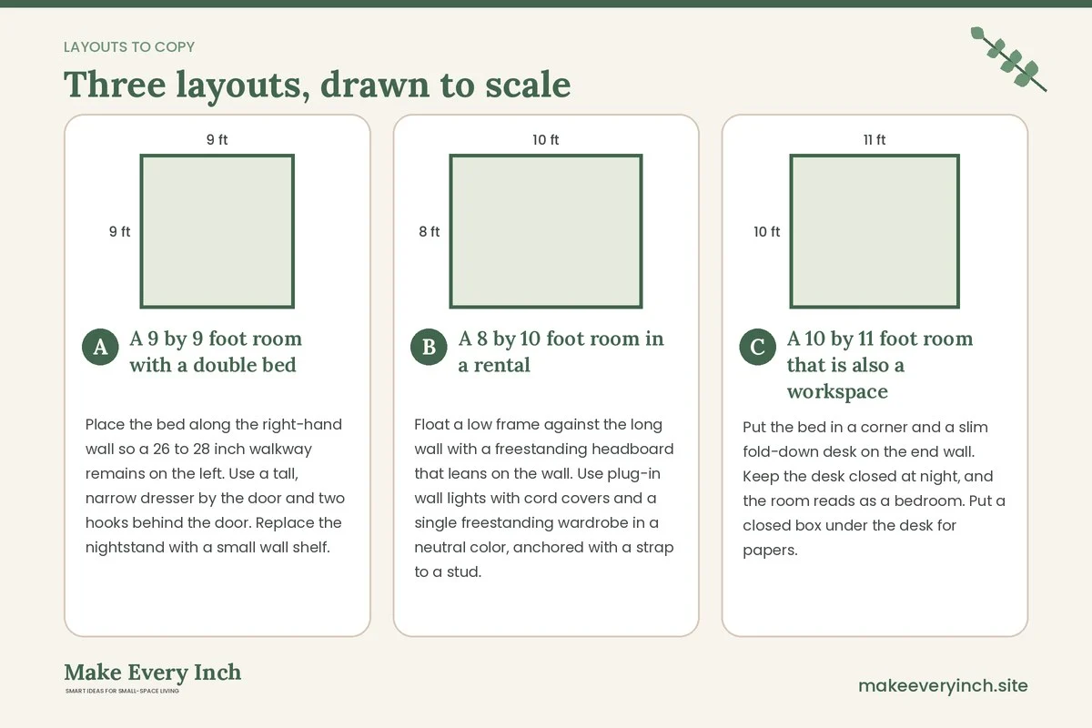 Three room layouts drawn to scale with dimensions and placement notes for: 15 Small Bedroom Ideas Minimalist Enough for a Calm, Clear Floor