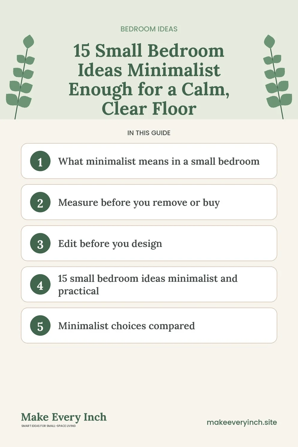 Pinterest pin listing the main topics in: 15 Small Bedroom Ideas Minimalist Enough for a Calm, Clear Floor