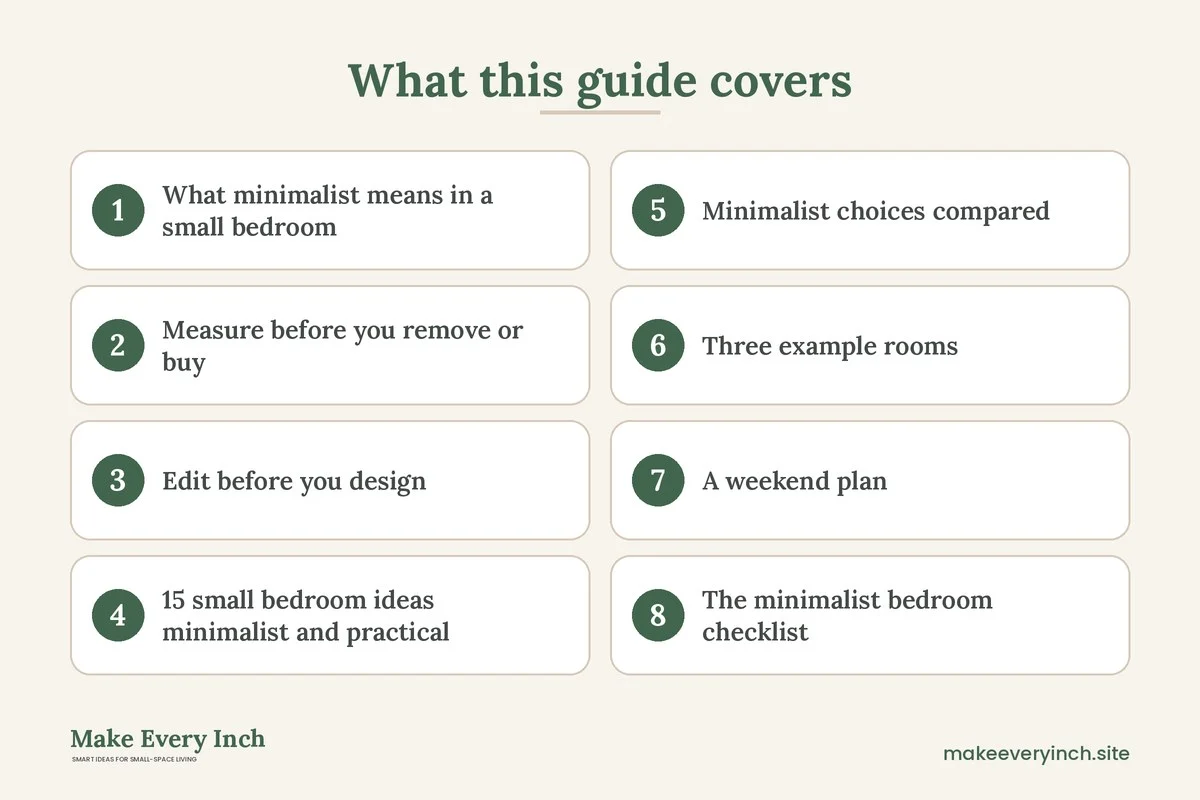Graphic listing 8 topics covered in: 15 Small Bedroom Ideas Minimalist Enough for a Calm, Clear Floor