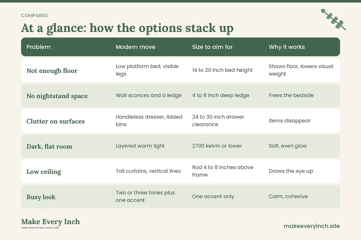 Comparison table of options for: 16 Small Bedroom Ideas Modern Style (Problem, Modern move, Size to aim for, Why it works)